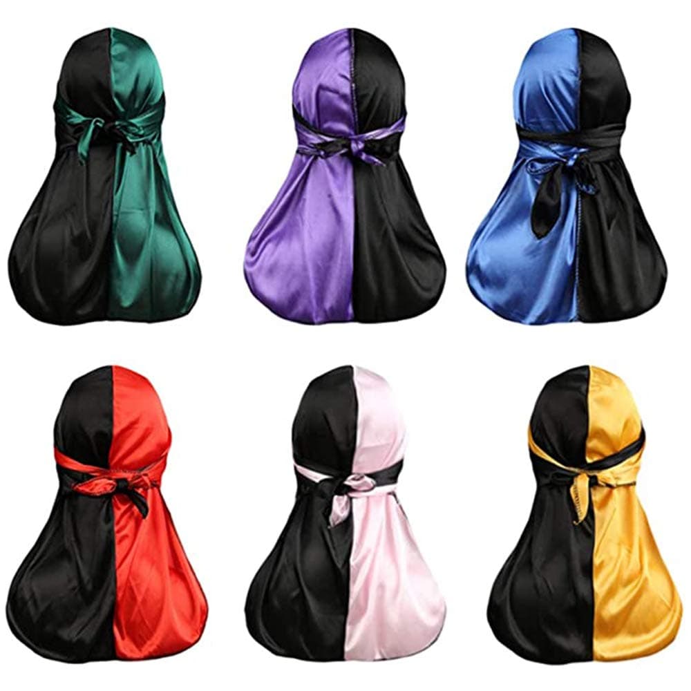 6 Pcs Silky Durag, Two Tone Pirate Cap Long-Tail Headwraps for Men Women, Multi, Large