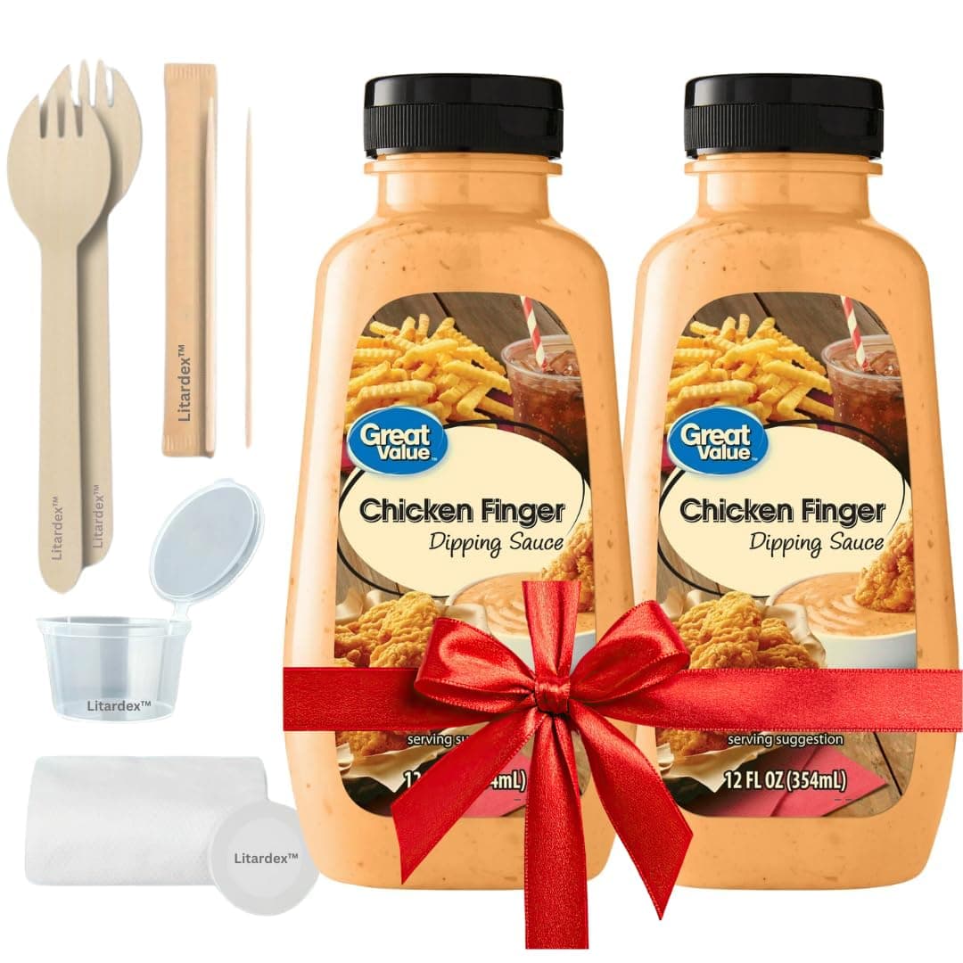 Great Value Chicken Finger Dipping Sauce, 2 Pack 12 fl oz each Bundle with Litardex Wooden Spork, Clear Dipping Cup, Compressed Towel, and Toothpicks