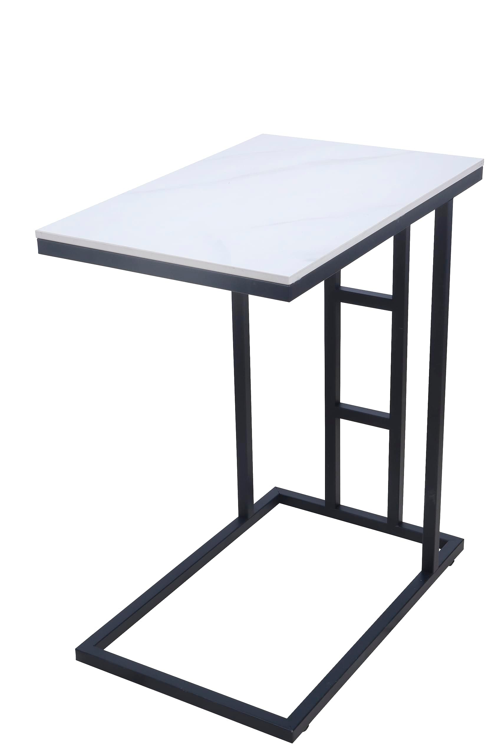 Panax C Shaped End Table, Side Table for Couch and Bed, Small Side Table for Small Spaces, Living Room, Bedroom, Rustic Snack Table (Marble White)