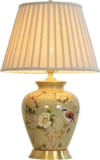 American Flower and Bird Ceramic Table Lamp, Hand-Painted Chinoiserie Lamp, Fabric Lampshade Nightstand Lamp for Bedroom Living Room Office College Bookcase LED Bulbs Included