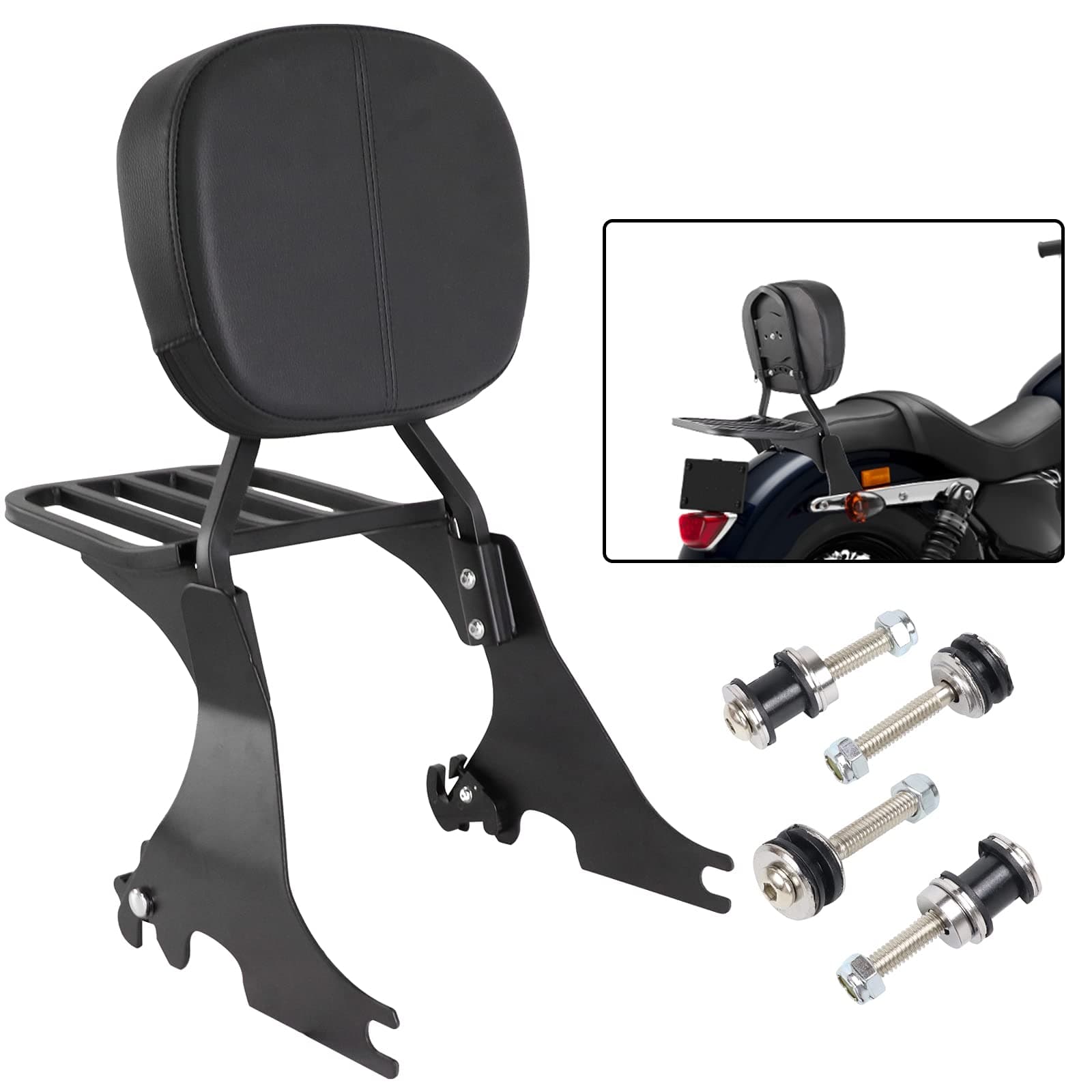 AUFER Motorcycle Passenger Low Backrest Sissy Bar with Back Rest Pad Luggage Rack and Docking Hardware Kits Compatible with for Sportster 883 XL883 1200 XL1200 2004-2024