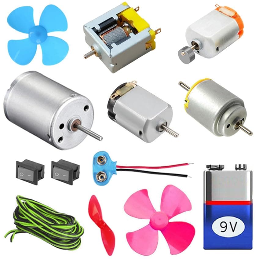 Kit4Curious Special Motor Kit - Open DC Motor, Vibration Motor, Dynamo Motor, Double Shaft Motor, DIY Toy Motor, Switch, Wire, Connector, 9V Battery, Fan Complete Motor Kit
