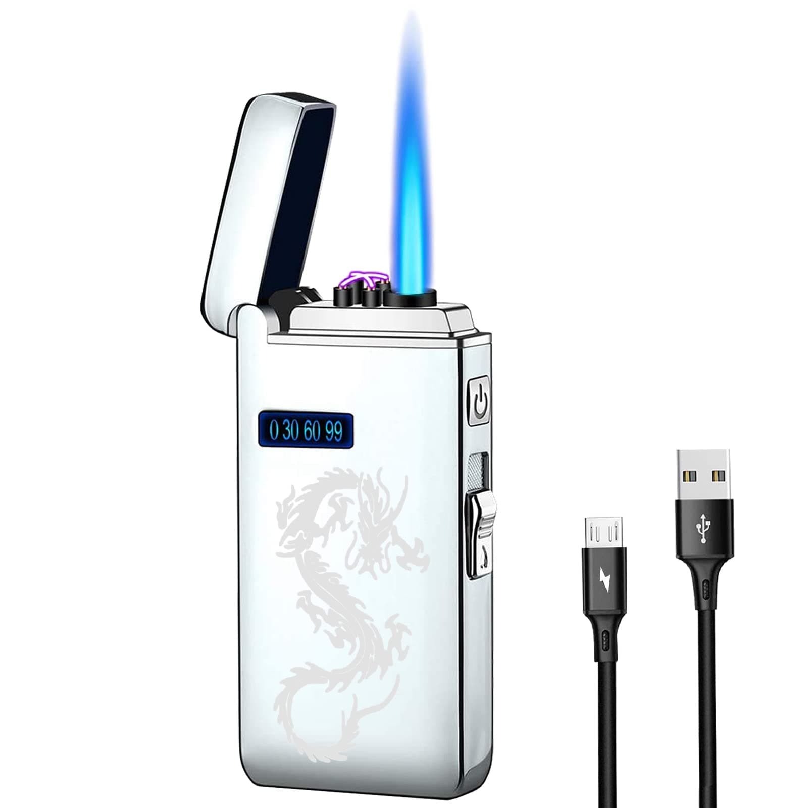Dual Arc Lighter, Jet Flame Torch Lighter Electronic Lighter Refillable Butane 2 in 1, USB Rechargeable Lighter with Battery Indicator Windproof Infinity Plasma Electric Lighter (Silver Dragon)