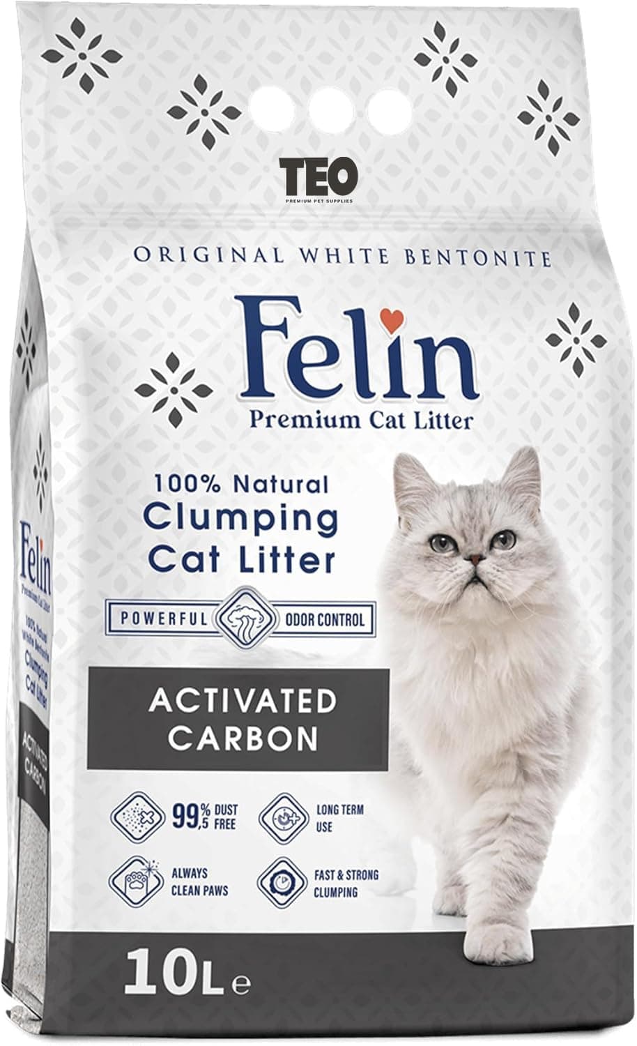 Felin Cat Litter Clumping 100% Natural Bentonite, Clumping 99.5% Dust Free, Forever Fresh, Pet-Friendly, Fighting with Odors Activated Carbon Scented (10 L)