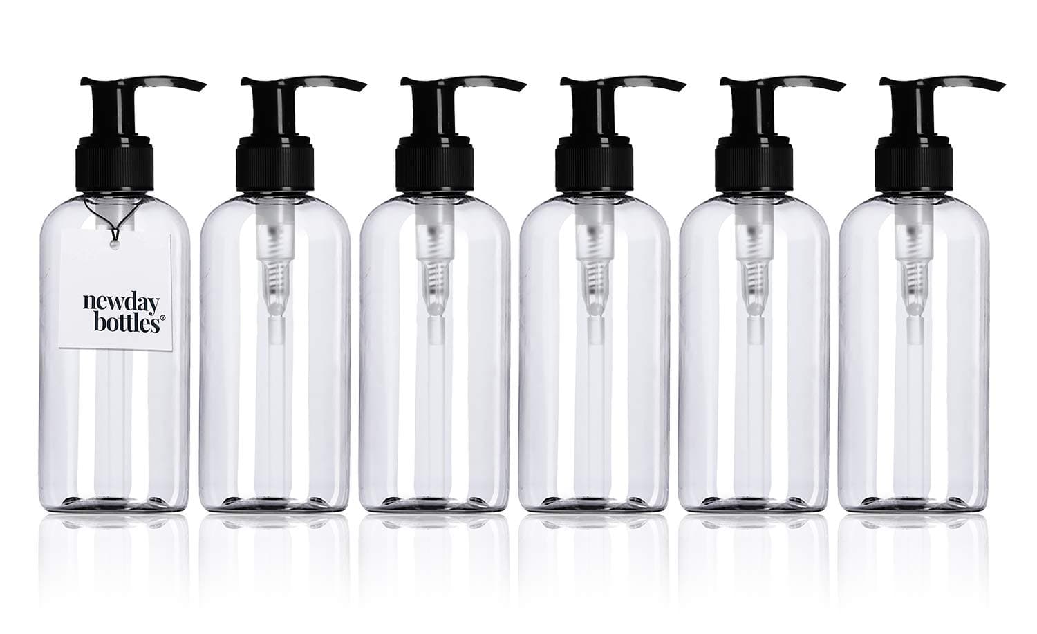 Newday Bottles, 4 oz Empty Plastic Bottles with Lotion Pump Dispenser BPA-Free Refillable Containers Pack of 6 (4 oz Clear with Black Pump)