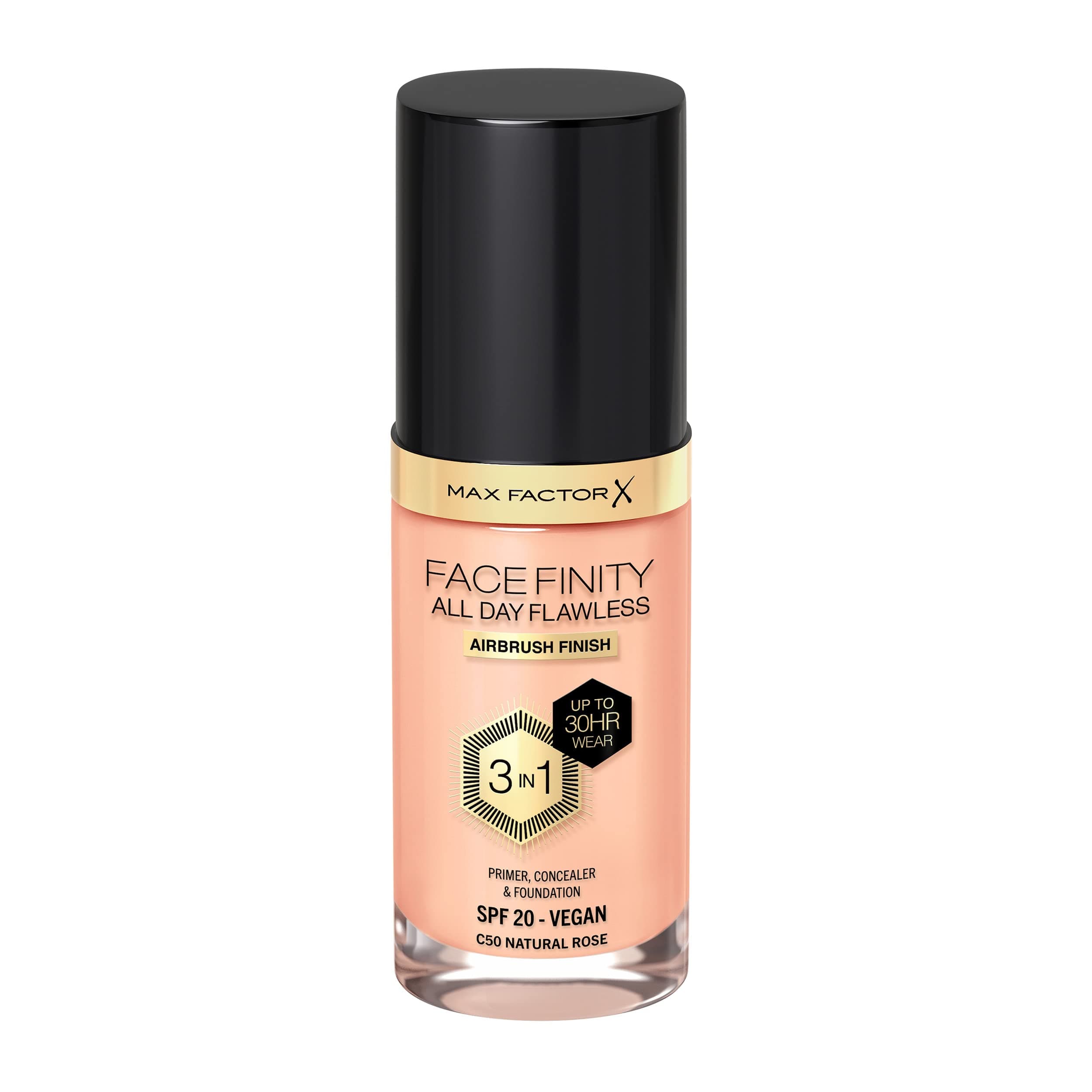 Facefinity All Day Flawless Foundation - 3-in-1 Concealer, Liquid Foundation & Face Primer - Up To 30hr Wear - Flawless Airbrush Finish, SPF 20, Vegan - C50 Natural Rose - 30ml