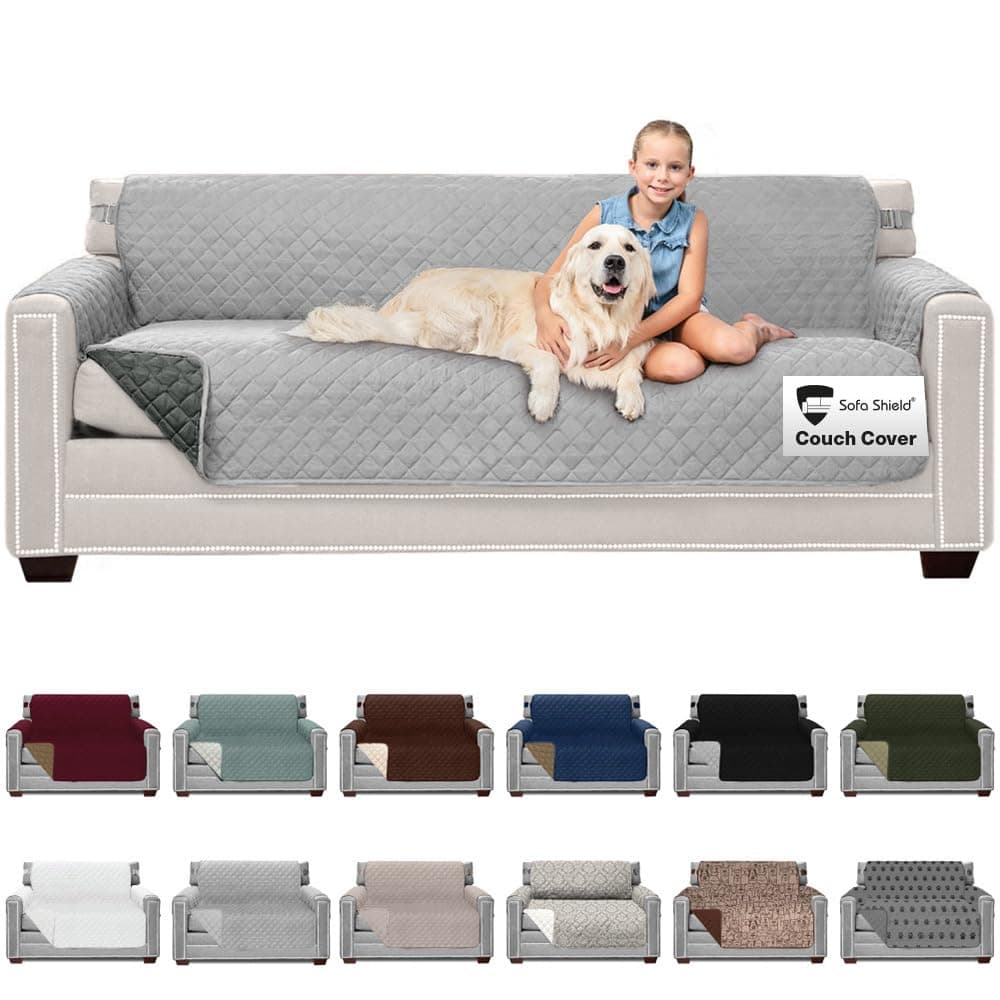 Sofa Shield Original Patent Pending Reversible X-Large Oversized Sofa Protector, Many Colors, Seat Width to 78 Inch, Furniture Slipcover, 2 Inch Strap, Couch Slip Cover Throw for Pet, Lt Gray Charcoal