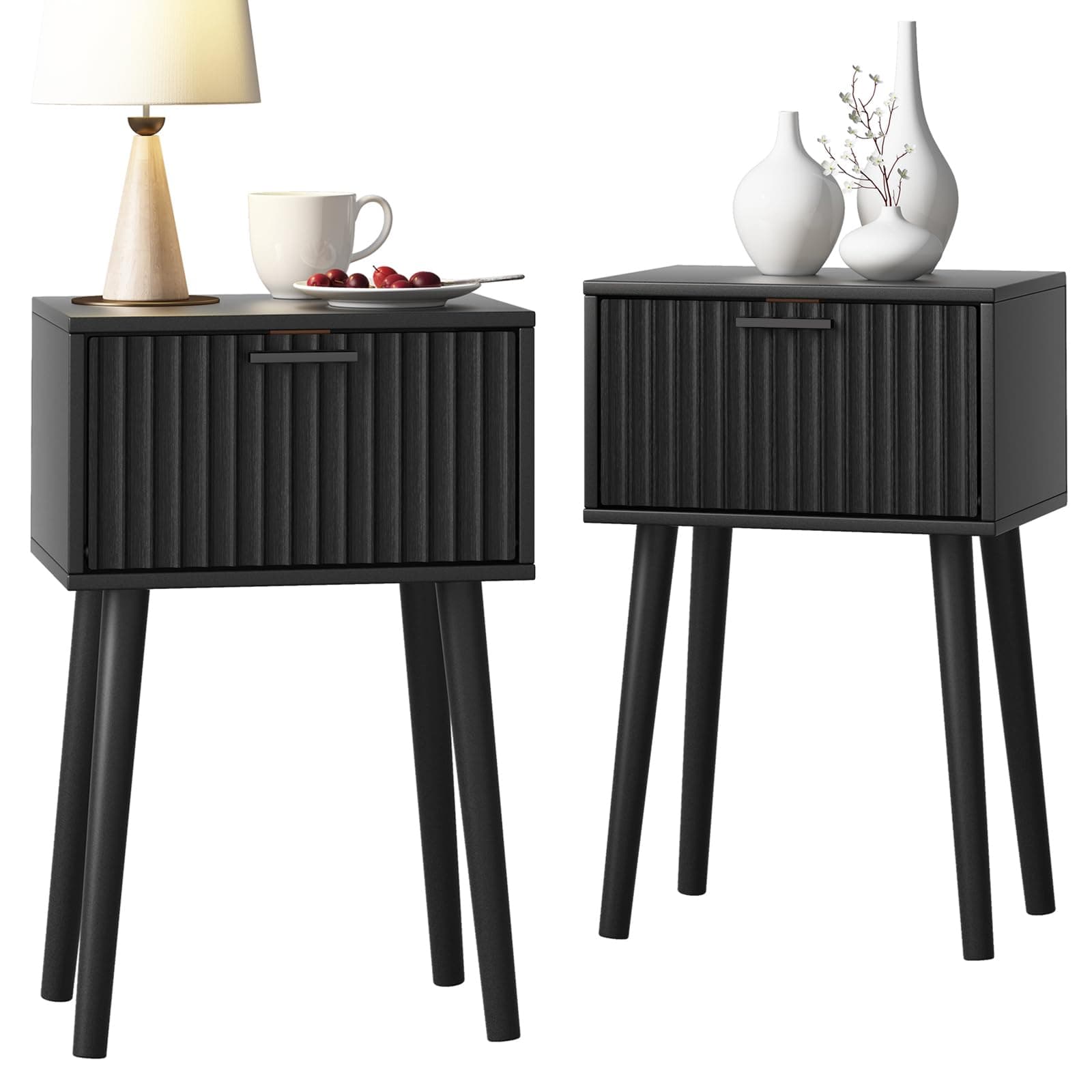 LAATOOREE Nightstand Set of 2 Small Side Table Bedside Table with Grooved Doors Solid Wood Feet Modern Mid-Century End Table for Bedroom Small Space (Black)