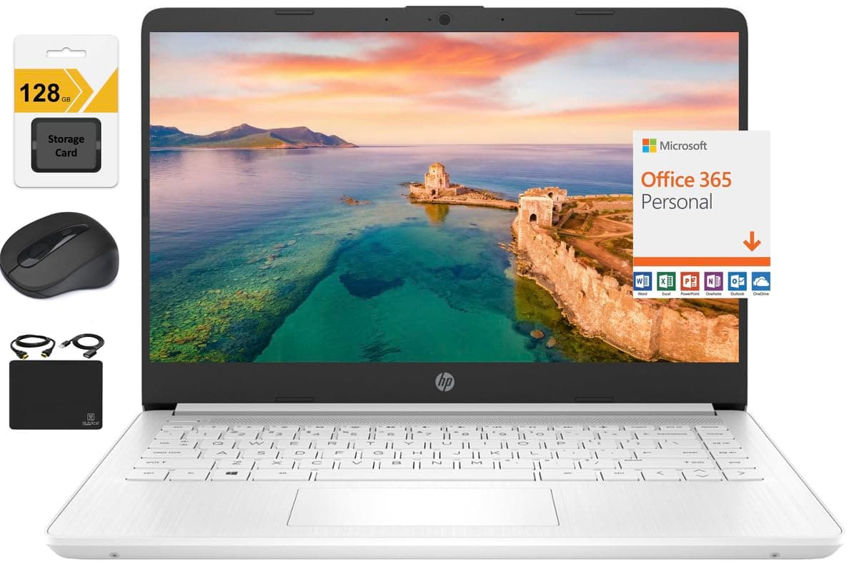 New 14" HD Ultral Light Thin Laptop, Quad-Core Intel Celeron Processor, 8GB RAM, 192GB (64GB eMMC+ 128GB SD), Wi-Fi, Upto 11 Hours, Windows 11 S + 1 Year Office 365+HubxcelAccessory, White