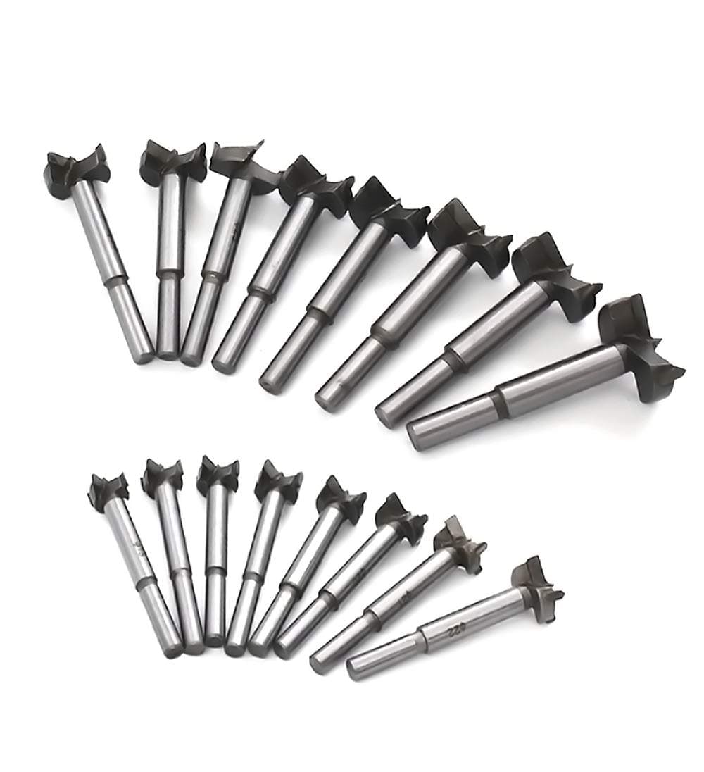 Forstner Drill Bits 15-35mm 16PCS, Carbon High Speed Steel Woodworking Hole Saw Punching Bit Wood Slabs Flat Wing Drilling Hole Hinge Cemented Carbide Drilling Sets