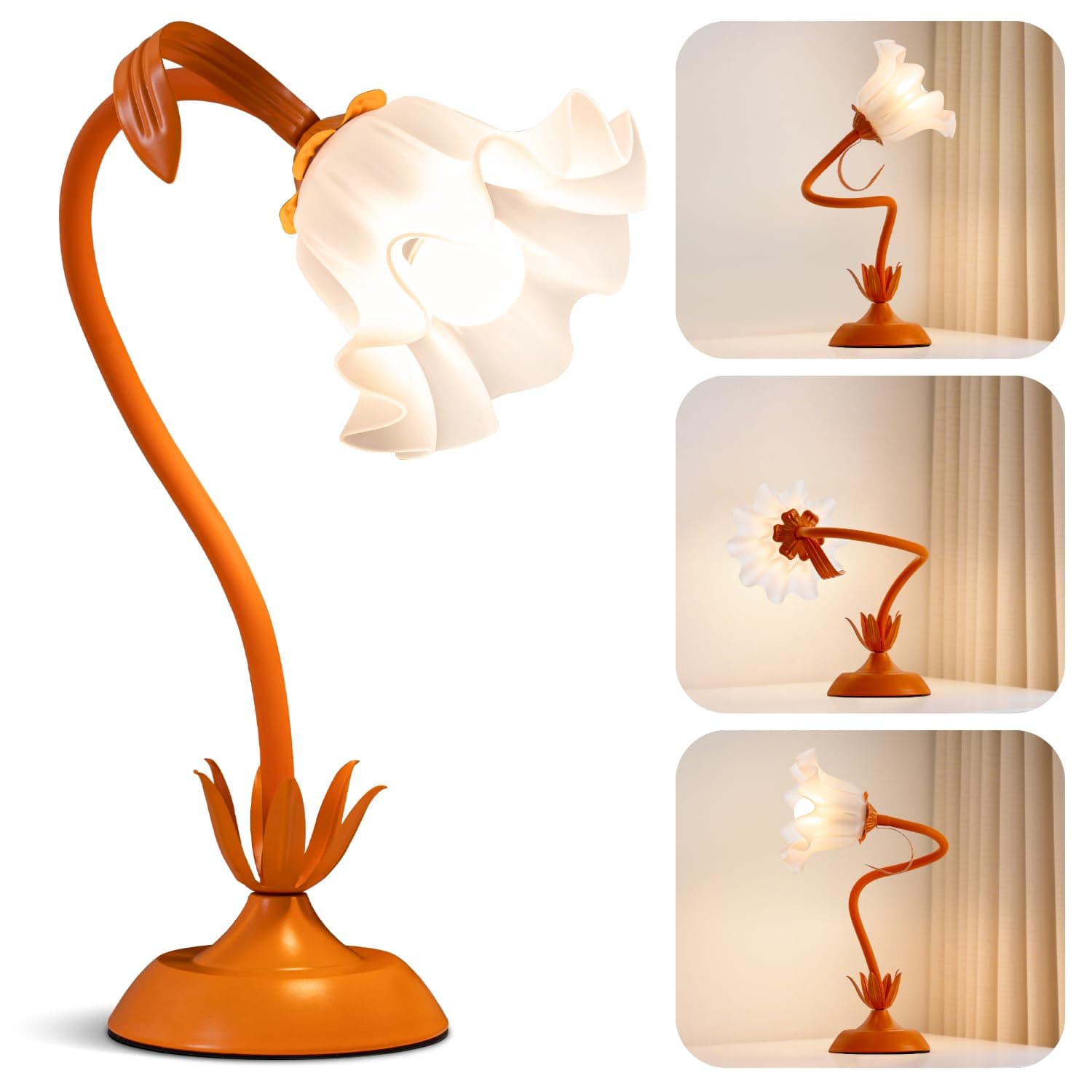 Flower Table Lamp, LED Reading Light Vintage Bedside Table Lamp with 3 Color Modes for Nightstand, Kawaii Decoration for Home Bedroom Living Room (Orange)