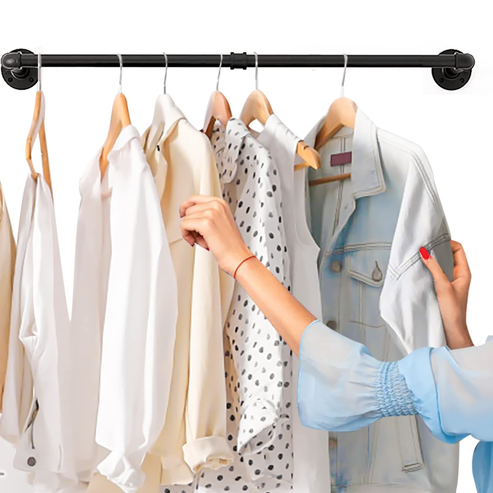 Wall Mounted Clothes Rack - 48" Clothing Garment Rack, Space-Saving Heavy Duty Detachable Iron Clothes Hanger Pole, Multi-Purpose Hanging Rod for Closet Storage