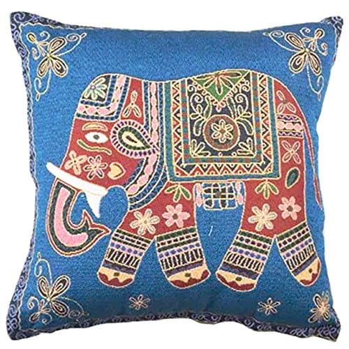Yung Jo Cotton Linen Woven Elephant Pattern Square Decorative Throw Pillow Case Cushion Cover, 18"x 18" (Blue Elephant)