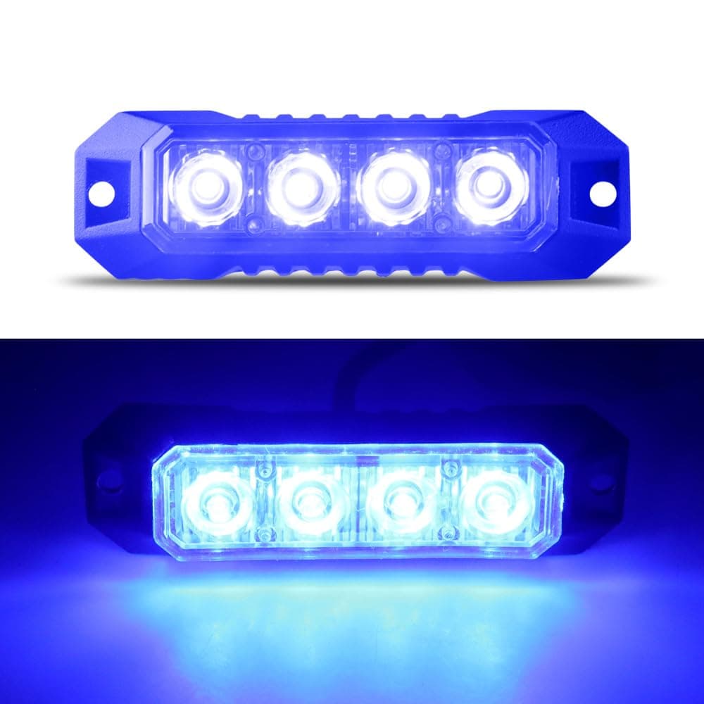 LED 4 Blue, High Brightness Strobe Lights for Trucks, Surface Mount Warning Emergency Lights for Car, SUV, ATV, UTV, Bus, Waterproof, 17 Flashing Patterns, 12-24V