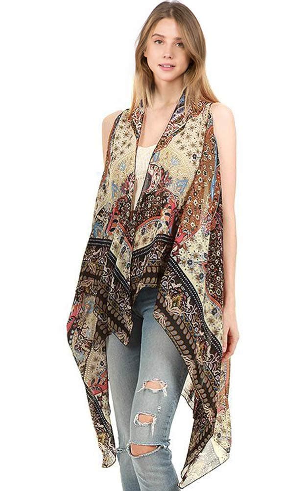 CCFW Various Pattern Long Scarf Vest with Uneven Open Asymmetrical Hem Vest Cardigan
