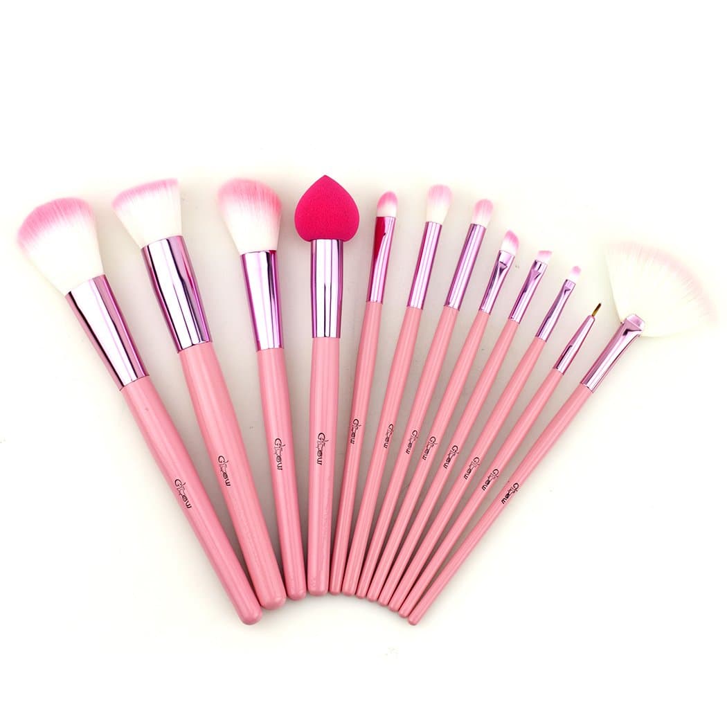 Glow Pink Makeup Brushes Set - 12-Pieces Set For Face & Eye Makeup - Multipurpose Brush kit With Pouch Bag- Perfect For Professional & Everyday use - Handy Cosmetic Makeup Kit - Pink Colour