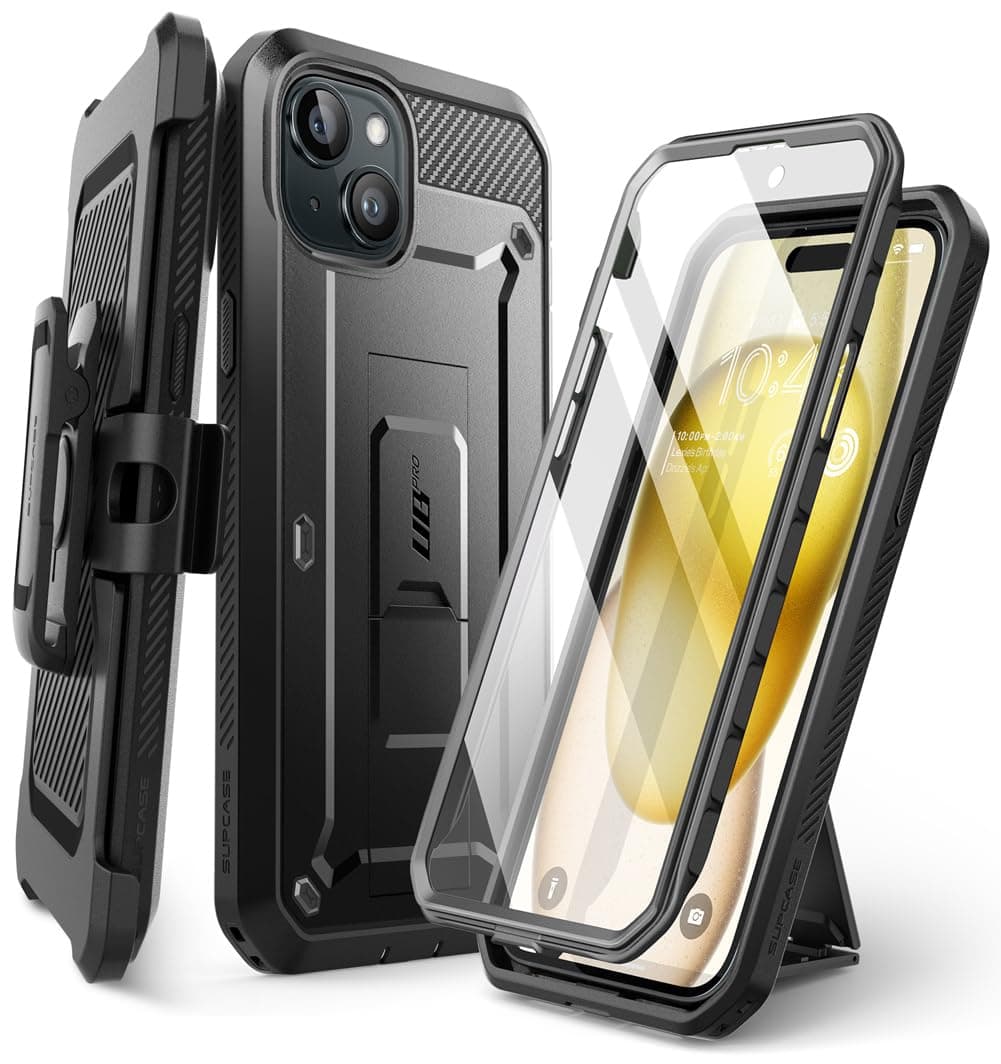 for iPhone 15 Case with Stand & Belt-Clip(Unicorn Beetle Pro), [Built-in Screen Protector] [Military-Grade Drop Protection] Heavy Duty Rugged Phone Case for iPhone 15 6.1 Inch 2023, Black