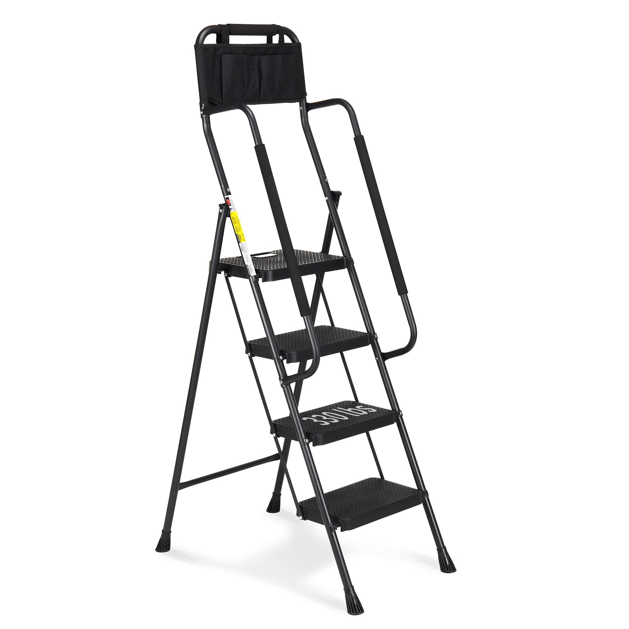 Step Ladder with Handrails, Folding Step Stool with Attachable Tool Bag & Anti-Slip Wide Pedal for Home Kitchen Pantry Office, Black
