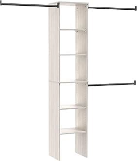 SuiteSymphony Wood Closet Organizer Kit with Tower, (3) Hang Rods, (5) Shelves (2-Adjustable), Fits Spaces 4-9 ft. Wide, White Timber