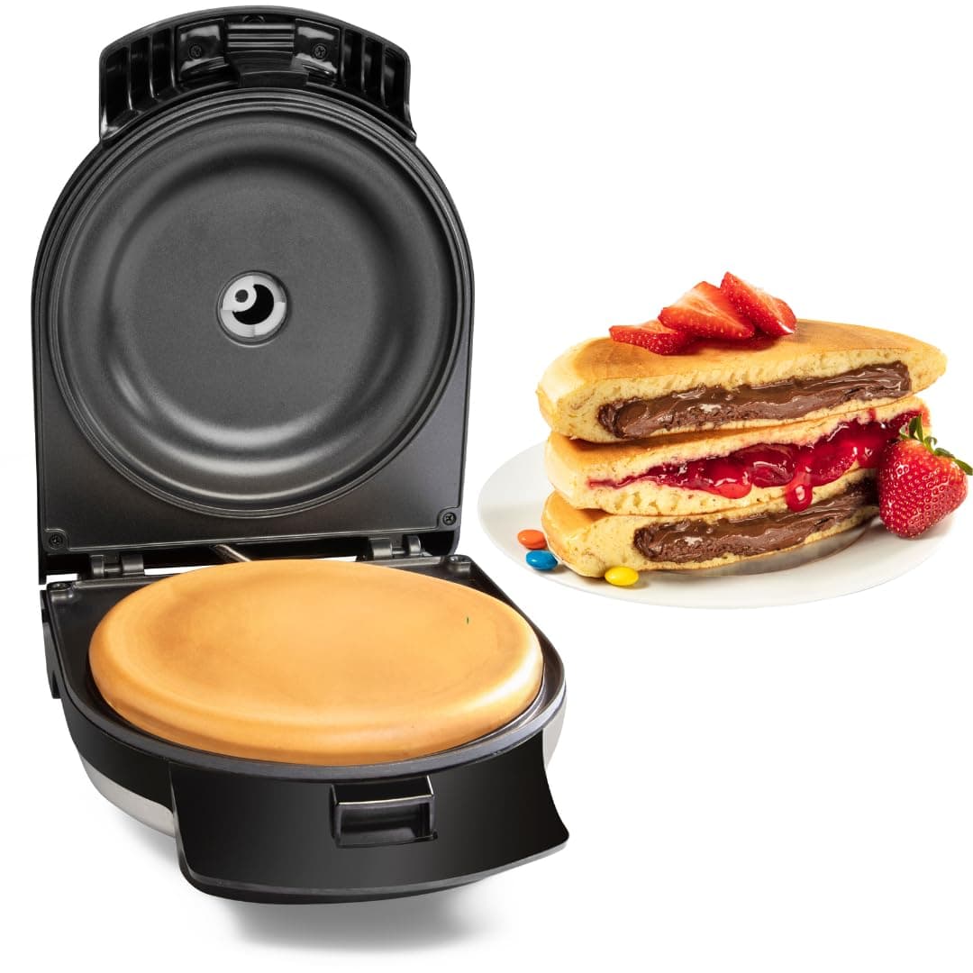 Electric Stuffed Pancake Maker - Make a GIANT Stuffed Waffle or Pan Cake in Minutes - Add Fillings for Delicious Breakfast or Dessert, Electric, Nonstick w Silicone Batter Funnel - Fun Kitchen Gift