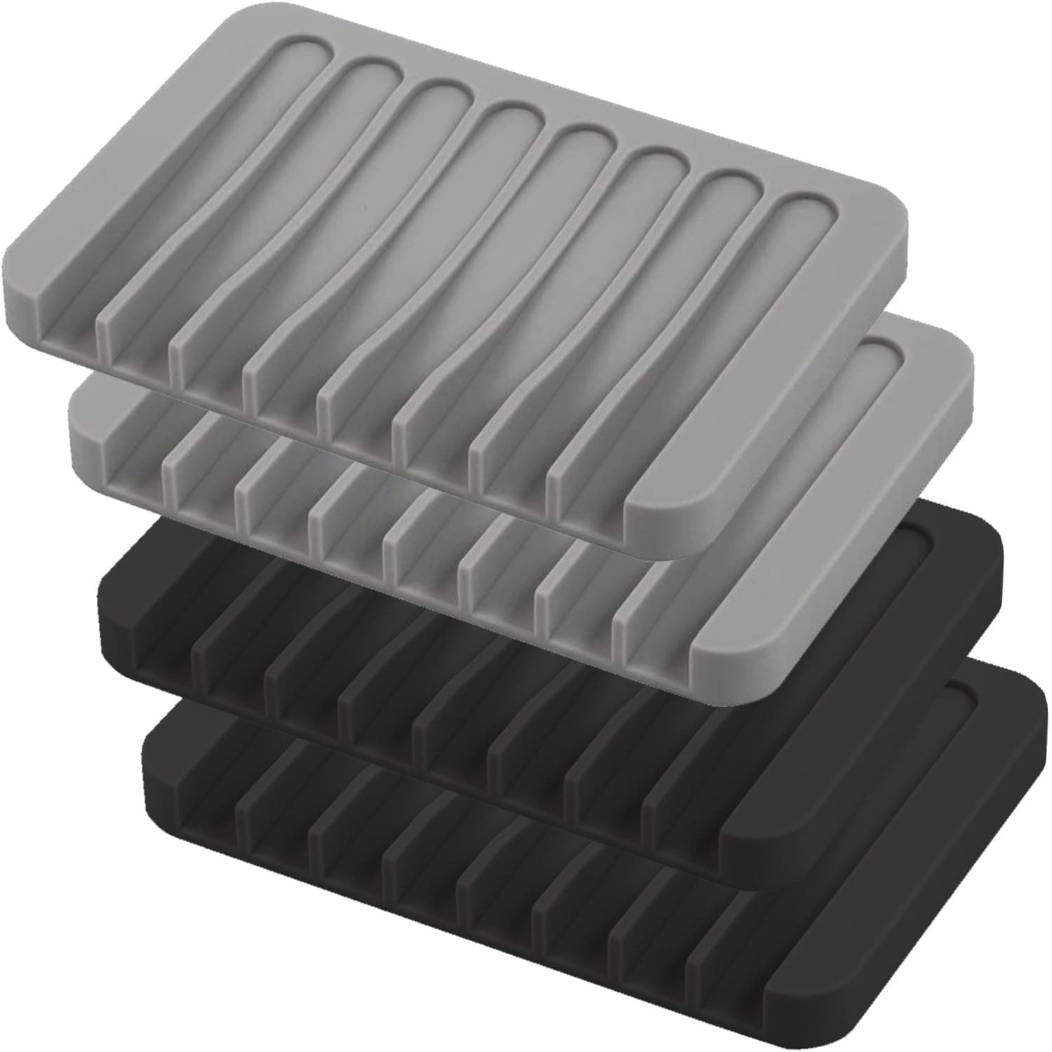 Self Draining Soap Dishes, 4 Pcs Silicone Waterfall Drainer Soap Holder for Bathroom, Extend Soap Life Keep Dry Clean & Easy Cleaning (Black & Grey)