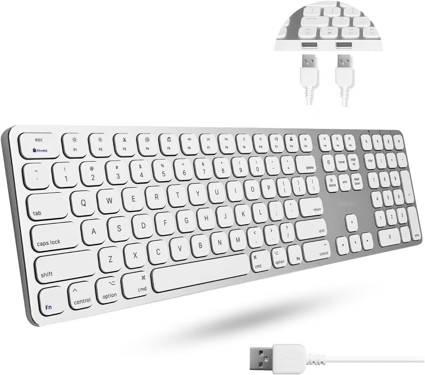 Macally MLUXKEYA, extended Mac keyboard with numeric pad, 2 USB ports and US QWERTY key cap layout, USB-A, aluminium design