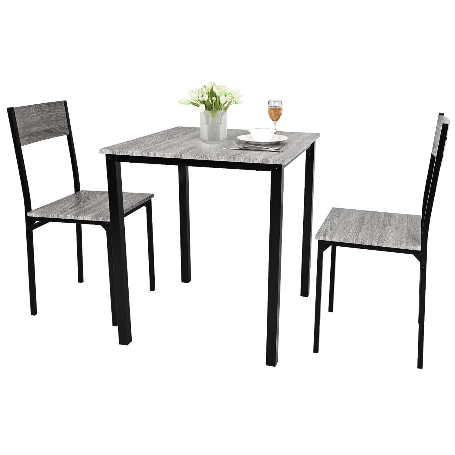 PULUOMIS Dining Table and 2 Chairs, Breakfast Bar Table and Chairs Set 2, 3 Piece Dining Set, Wooden Metal Frame, Modern Design for Home Kitchen Bistro Patio Garden(Grey)