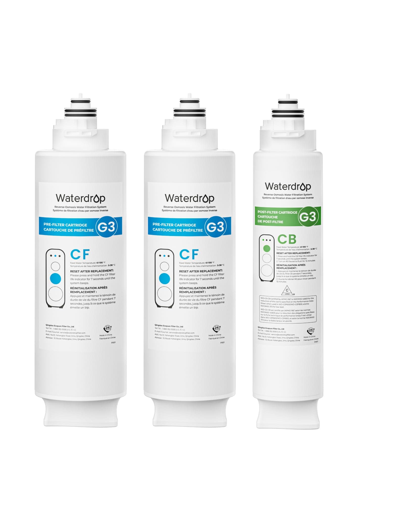 Waterdrop G3 Replacement Filter 1-Year Combo, Pack of 2 WD-G3-CF Filters and 1 WD-G3-CB Filter, Replacement for WD-G3-W, WD-G3P600 and WD-G3P800-W Reverse Osmosis System