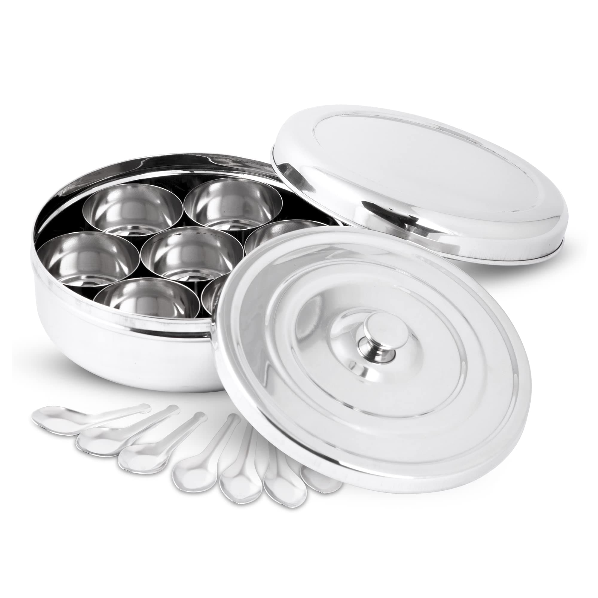 Double Lid Spice Container Masala Dabba With 7 Compartments and 7 Spoons, Masala Box, Spice Container Box, Stainless Steel Spice Box Indian with Transparent Lid, 8 inch
