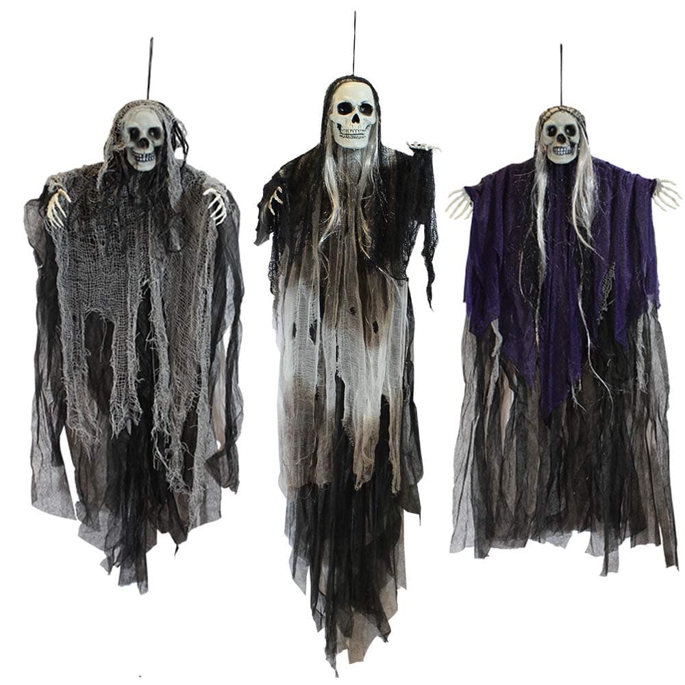 JOYIN 3 Pack Hanging Halloween Skeleton Ghosts Decorations, Grim Reapers for Halloween Outdoor Decorations