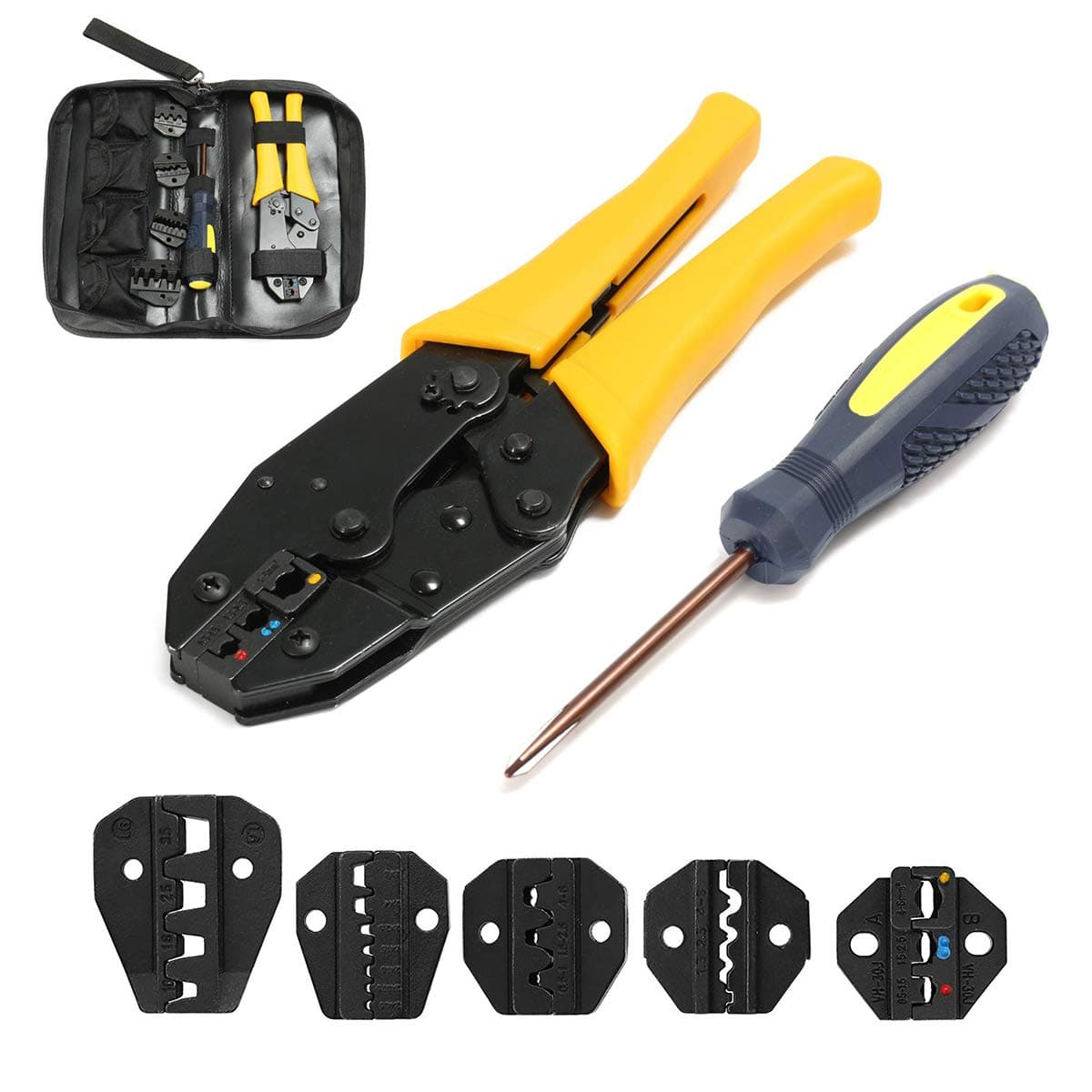 Mengshen Crimping Tool Kit, Ratchet Crimper with 5 Interchangeable Jaws for Insulated Non-Insulated Terminals, Oxford Bag Packing