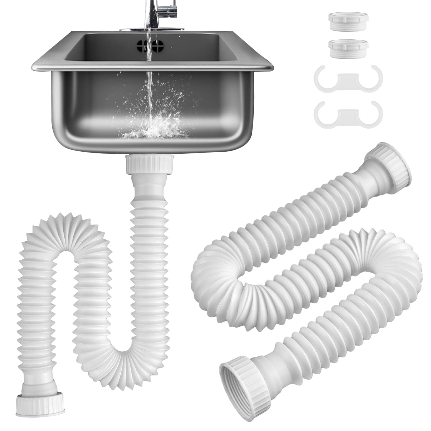 iFealClear 2 Pack 1-1/2" P-Trap Pipe, Flexible Sink Drain Pipe with 4 Rubber Sealing Rings, Expandable Drain Tube 11"-34.5" P Trap Tubing for Kitchen, Bathroom, Garbage Disposal, 1-1/4" Adapter, White