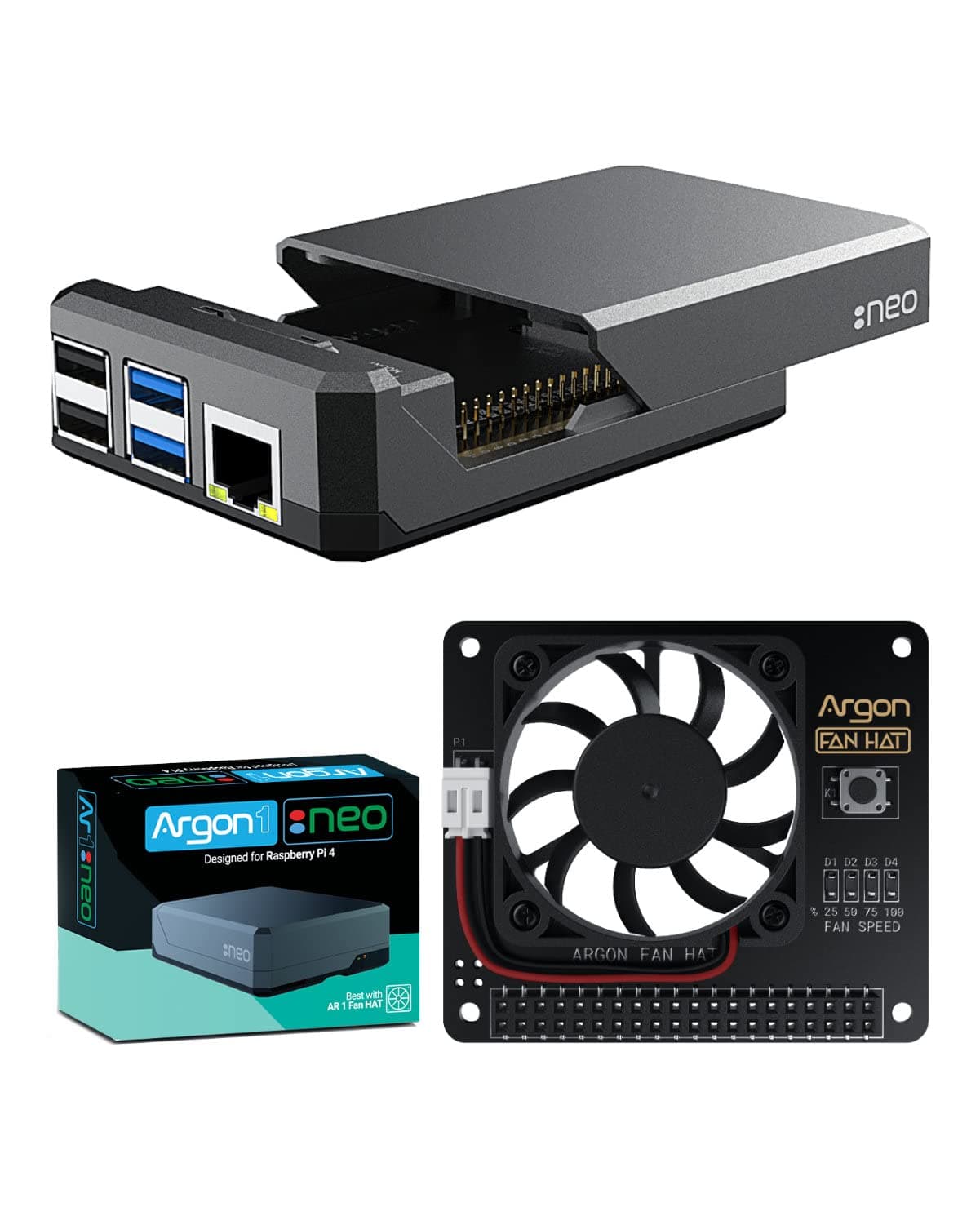 Argon Forty NEO Case with Cooling Fan HAT for Raspberry Pi 4 | Supports Camera, and LCD Display | GPIO and PoE Pins are Accessible