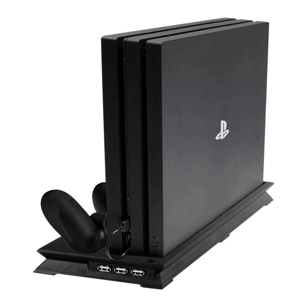 PS4 Cooler Pad Vertical Stand for PS4 Pro with Air Cooling Fan and USB HUB Port | Safe Premium ABS Playstation 4 Pro with Dual Charging Stations for DualShock Controllers | Black | 762.2