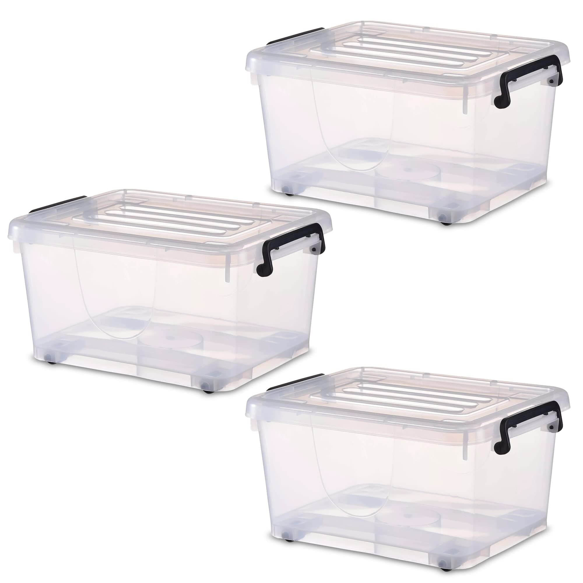 Ababeed 3 Storage plastic boxes (42L) with lid and wheels, for moving, lockable container with handles, transparent durable organiser bin, stackable storage box, heavy duty container