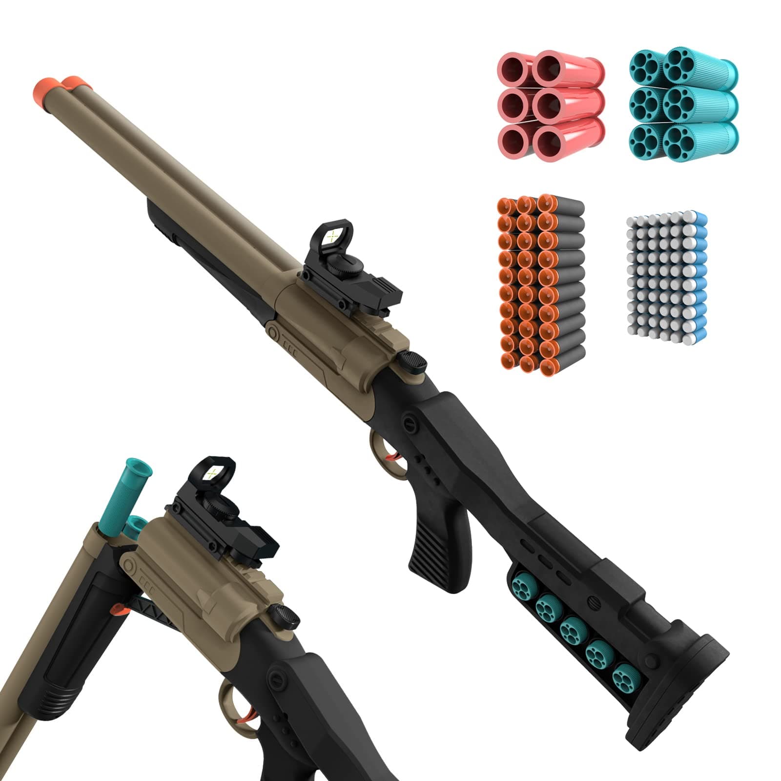 Toy Foam Blaster Double Barrel Shotgun Toy With Ejecting Shells And 90 Darts, Soft Bullet Toy Shotgun Foam Dart Blaster With Scope For Kids, Youth, Teen, Boys, Brown