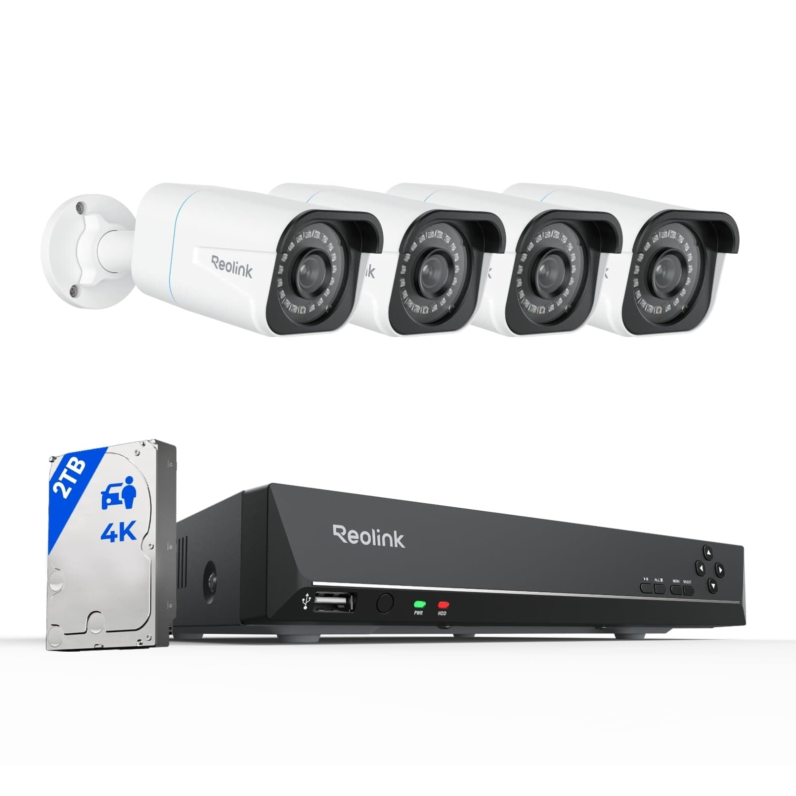 REOLINK 4K Security Camera System - H.265 4pcs PoE Security Cameras Wired with Person Vehicle Detection, 8MP/4K 8CH NVR with 2TB HDD for 24-7 Recording, RLK8-800B4
