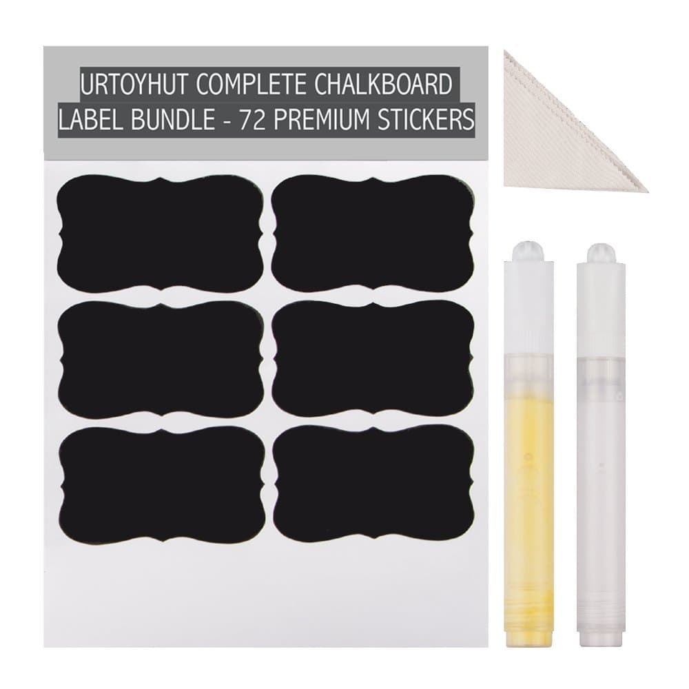 UrToyHut Complete Chalkboard Labels Bundle - 72 Premium Stickers Plus Extra 6 Heart-Shaped Stickers - 2 Preiumn Chalkboard Markers - 1 Microfiber Cleaning Cloth