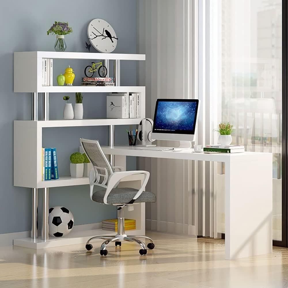 LEDIN 320-degree rotating computer desk, desktop table for household and bedroom with a simple bookshelf corner combination, writing desk with integrated bookcase (White) (White)