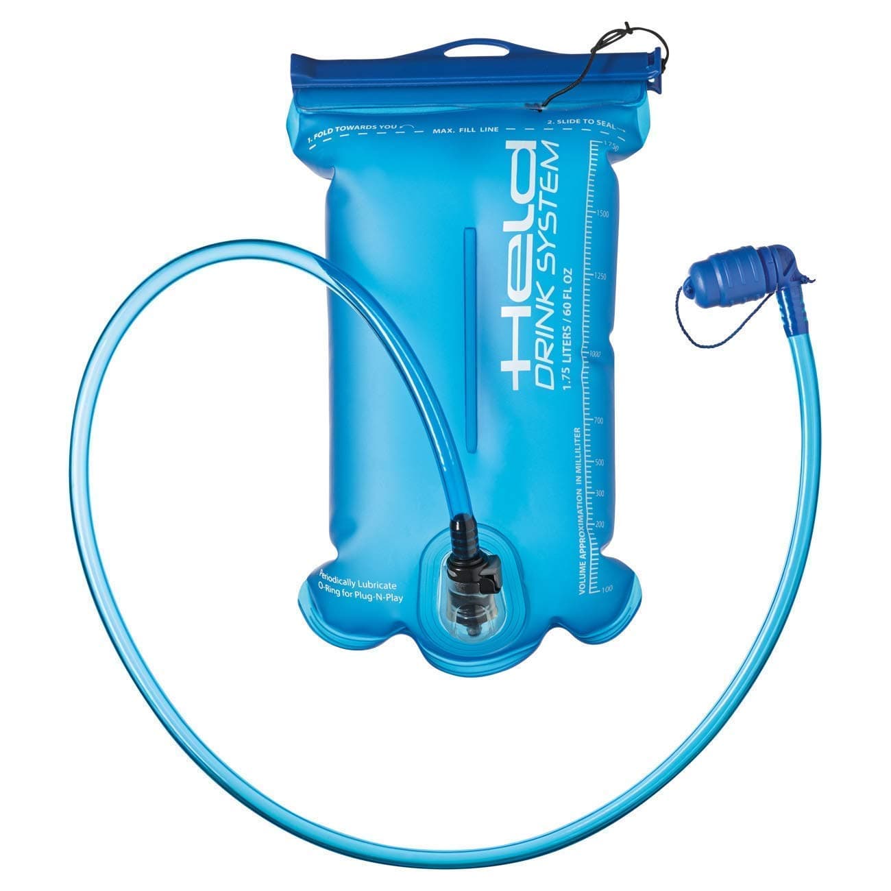 Held Hydration bladder 1.75 L with removable hose and middle wall welding for a slim shape of the hydration system, drink bag.