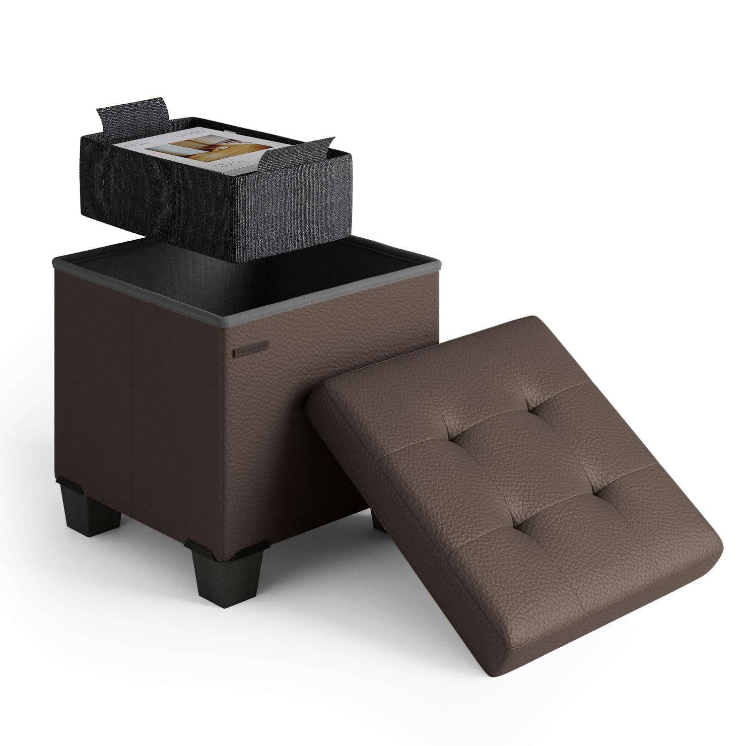 Storage Ottoman Cube with Storage Bin, 15-In Square Ottoman with Storage for Living Room and Bedroom, Small Ottoman Foot Rest, Brown Storage Chest Max 660lbs, Foot Stools Ottoman, Faux Leather Ottoman
