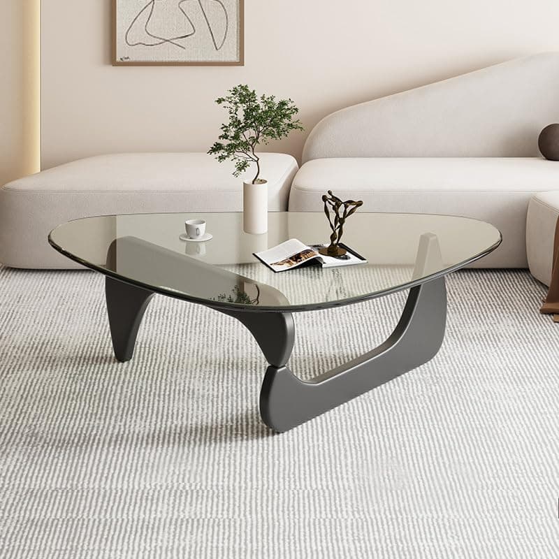 Triangle Coffee Table Modern Noguchi End Table, Solid Wood Base and 8mm Thick Tempered Glass Top Accent for Living Room Office Hotel Patio (Black Legs + Transparent Glass, 36 * 26 * 16)