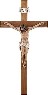 Crucifix Wall Cross - 14 Inch Olive Wood Wall Crucifix, Hand Painted Resin Jesus on Wooden Crucifix Catholic Home Decor Housewarming Religious Gifts