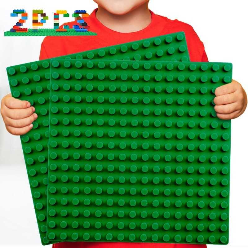 2 Pcs Large Building Block Baseplates (10'' x 10'' / 25.5cm) | Big Brick Construction Boards | 16x16 Studs Green Base Plates Compatible with All Leading Brands | Kids Ages 3+