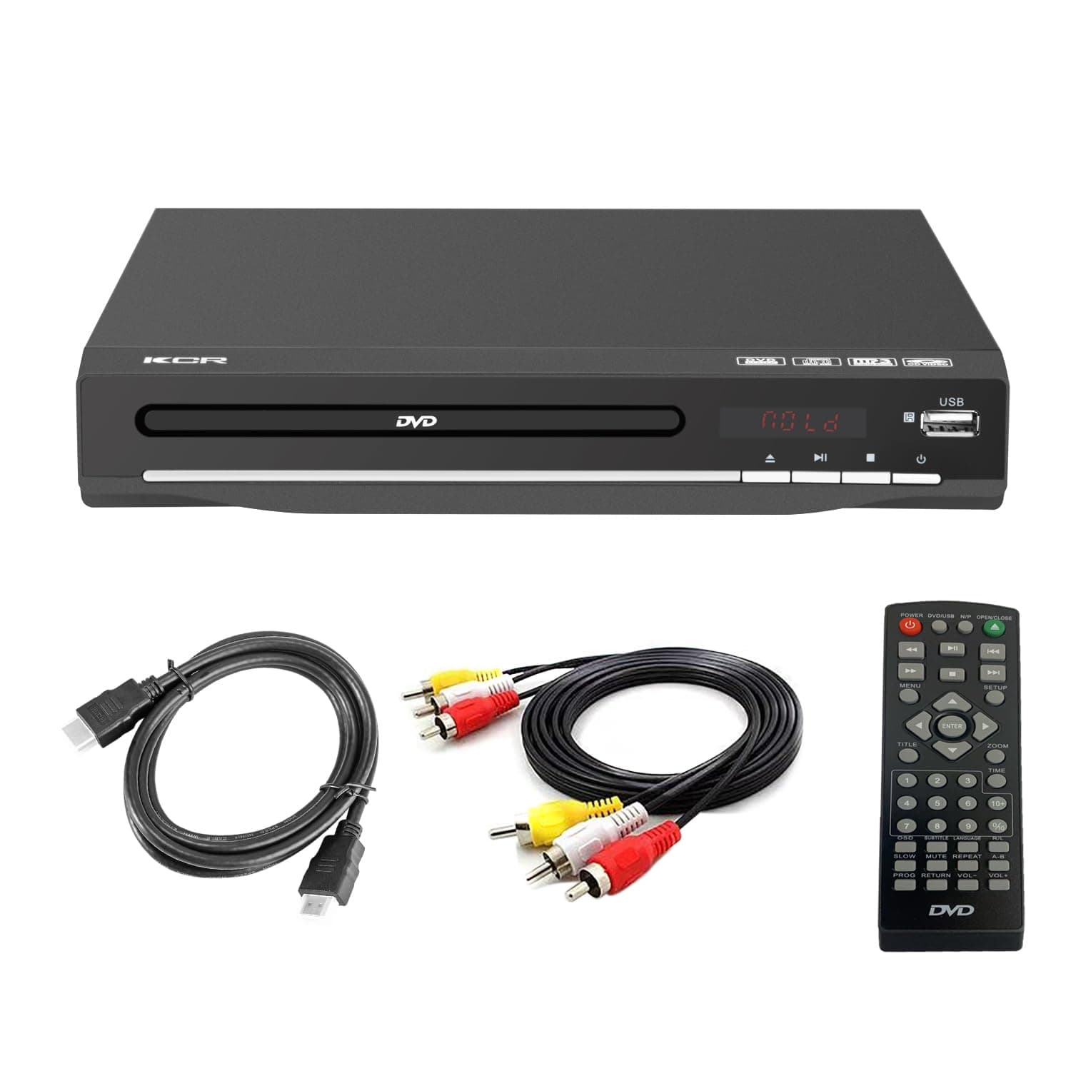 DVD player for TV, DVD/CD/MP3/MP4 with USB connector, HDMI and AV output (HDMI and AV cable included), remote control (without Blu-ray). Colour: black, without region
