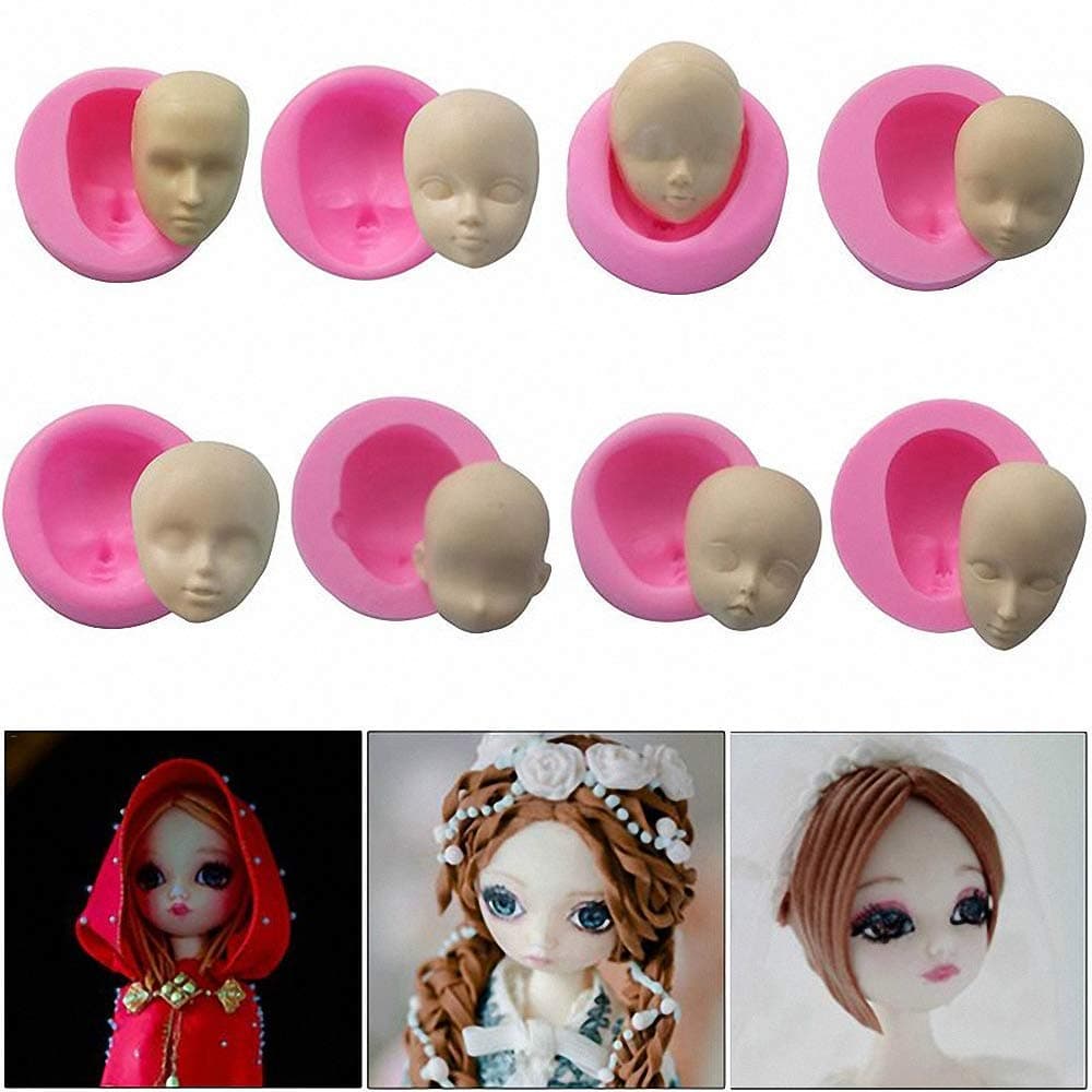8Pcs/Set 3D Baby Face Soft Clay Mold Tools Doll Faces Silicone Mold Fondant Cake Decorating Tools Chocolate Candy Polymer Clay Soap Resin Moulds