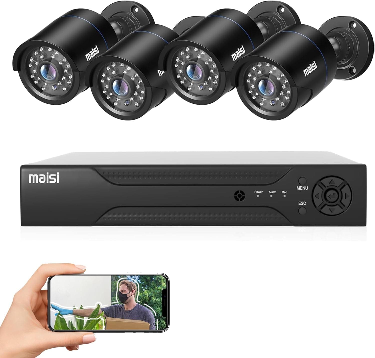 MAISI 3K CCTV Security Camera System, 8 Channel DVR Recorder with 4pcs 5MP Outdoor/Indoor Bullet Cameras (Easy Mobile and PC Access, App Push Alert, Waterproof, NO Hard Drive)