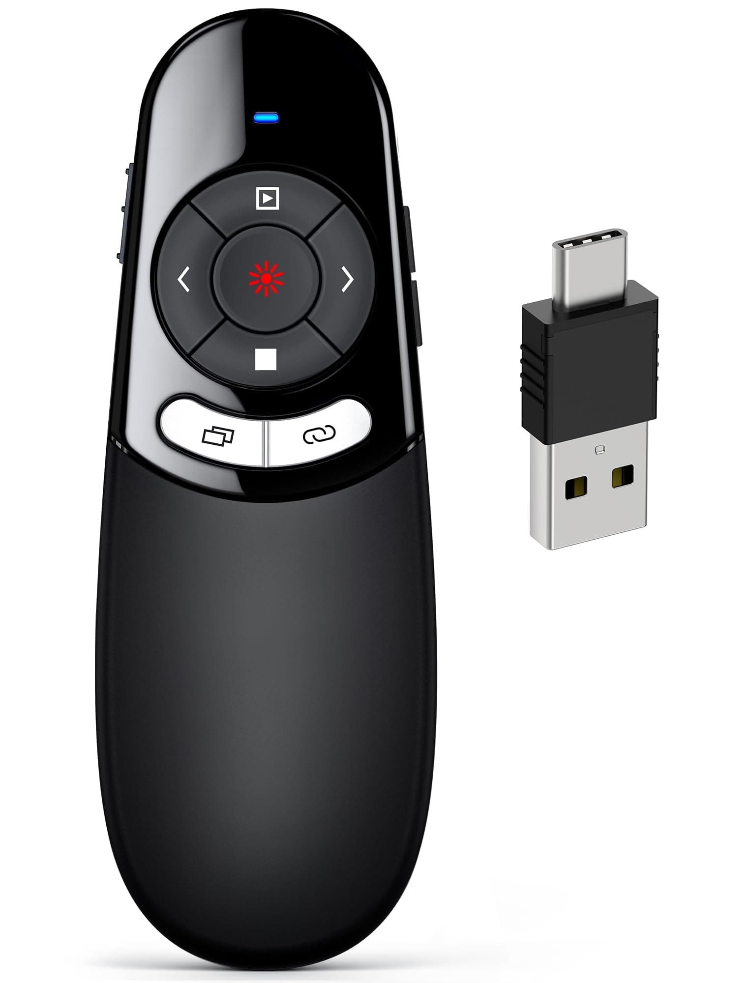 DINOSTRIKE 2 in 1 Type C and USB Presentation Clicker for Powerpoint Presentations,RF 2.4GHz Wireless Presenter Remote Slide Advancer with Volume Control for Mac Laptop Computer Office Classroom