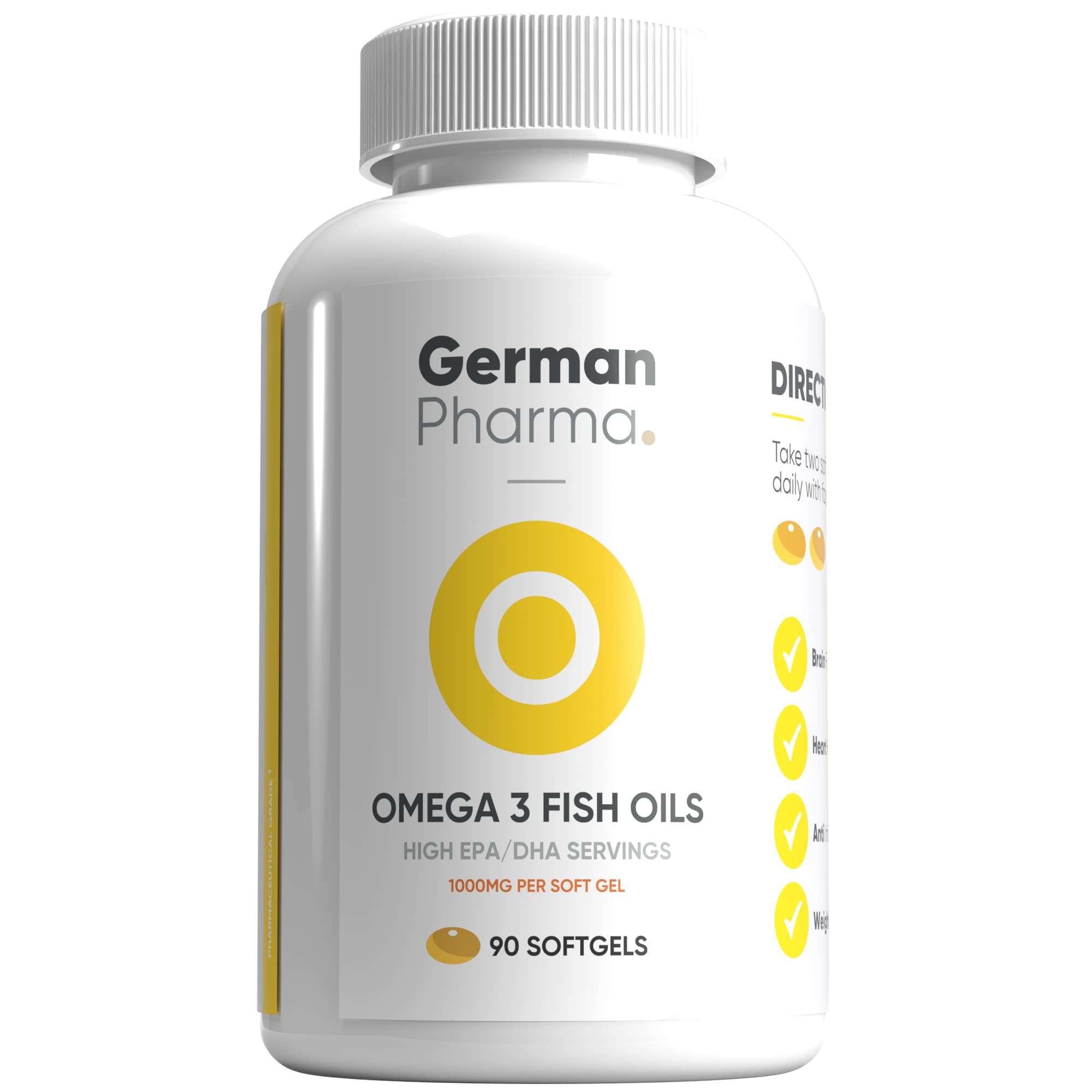 Omega 3 Fish Oils by German Pharma | High Potency EPA 500mg & DHA 250mg | 90 Soft Gels, 1 Per Day & Easy to Swallow | 3 Month Supply | Premium Fatty Acids | Made in Great Britain |