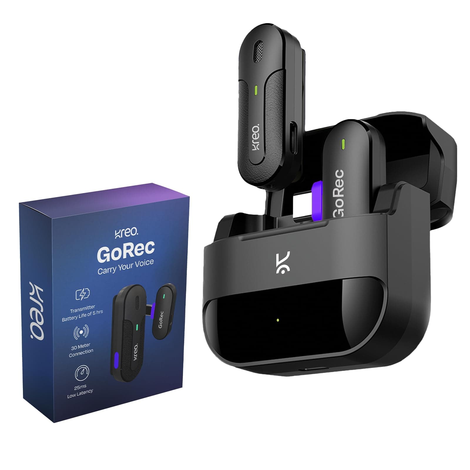 Kreo GoRec Professional Wireless Mic with Transmitter, USB-C & Lightning Support with iPhone & Android, Ultra–Low Latency, 30m Range, for YouTube and More (Solo, with Charging Case + Converter)